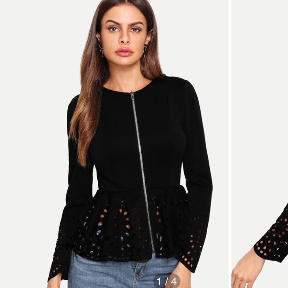 SHEIN Laser Cut Zip Up Stretch Peplum Jacket - Picture 1 of 7